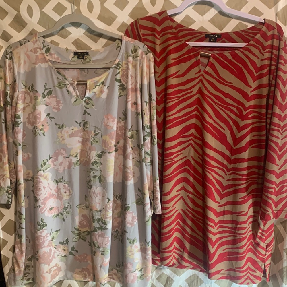 Floral and Tiger Striped Tunics Size XL by Iman 3/4 Sleeve Global Chic Keyhole